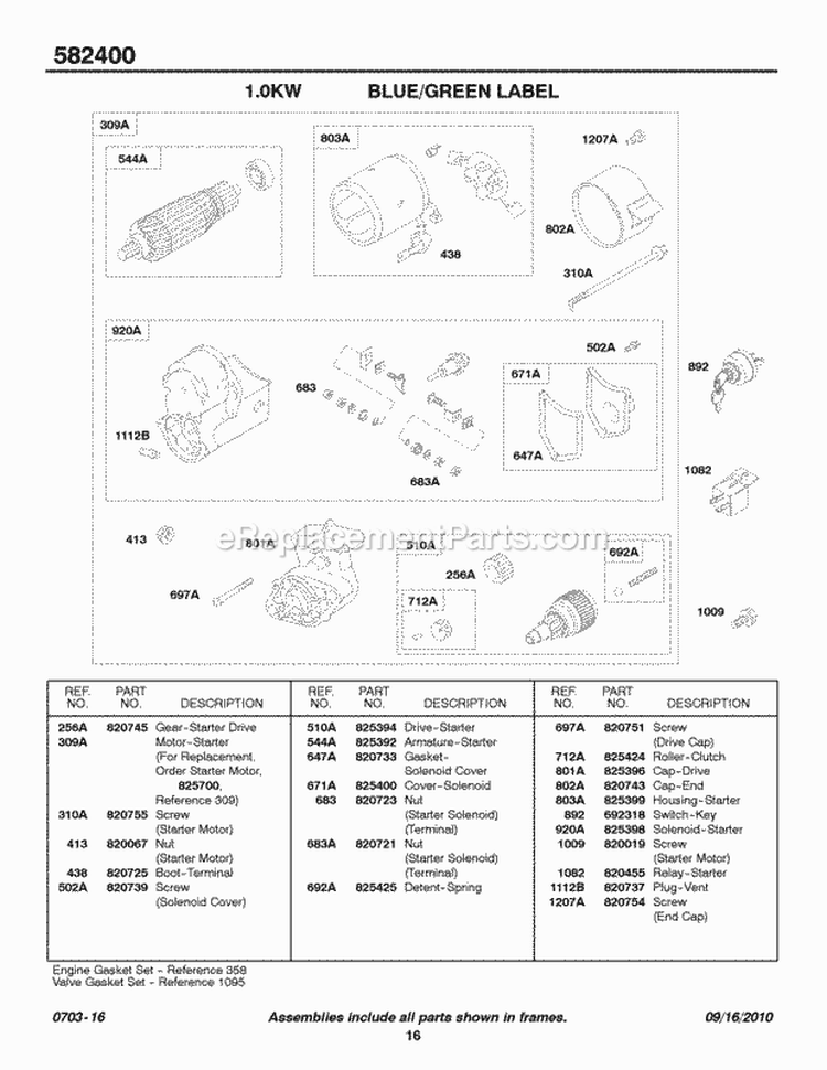10 Kw Electric Starter Diagram and Parts List for 582447-0476-E2  Briggs and Stratton Engine